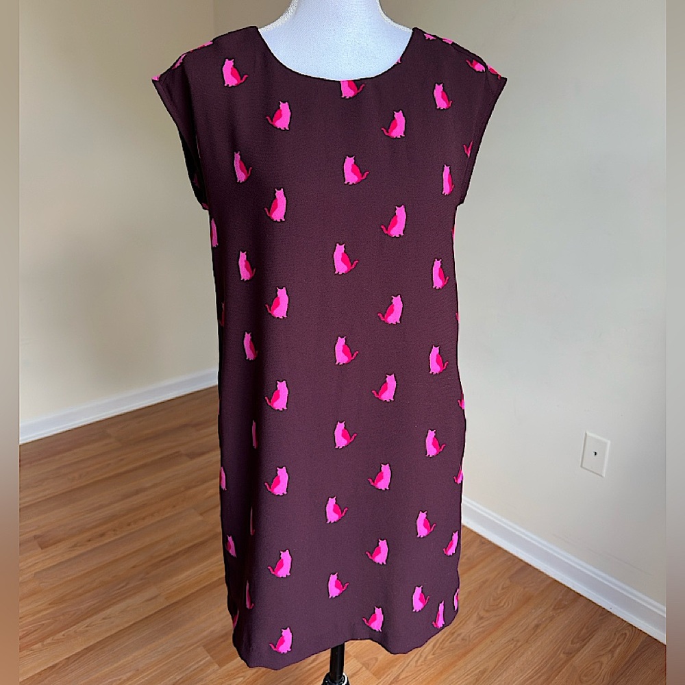 Ann Taylor LOFT purple & pink cat print shift dress size S Petite - Picture 3 of 13